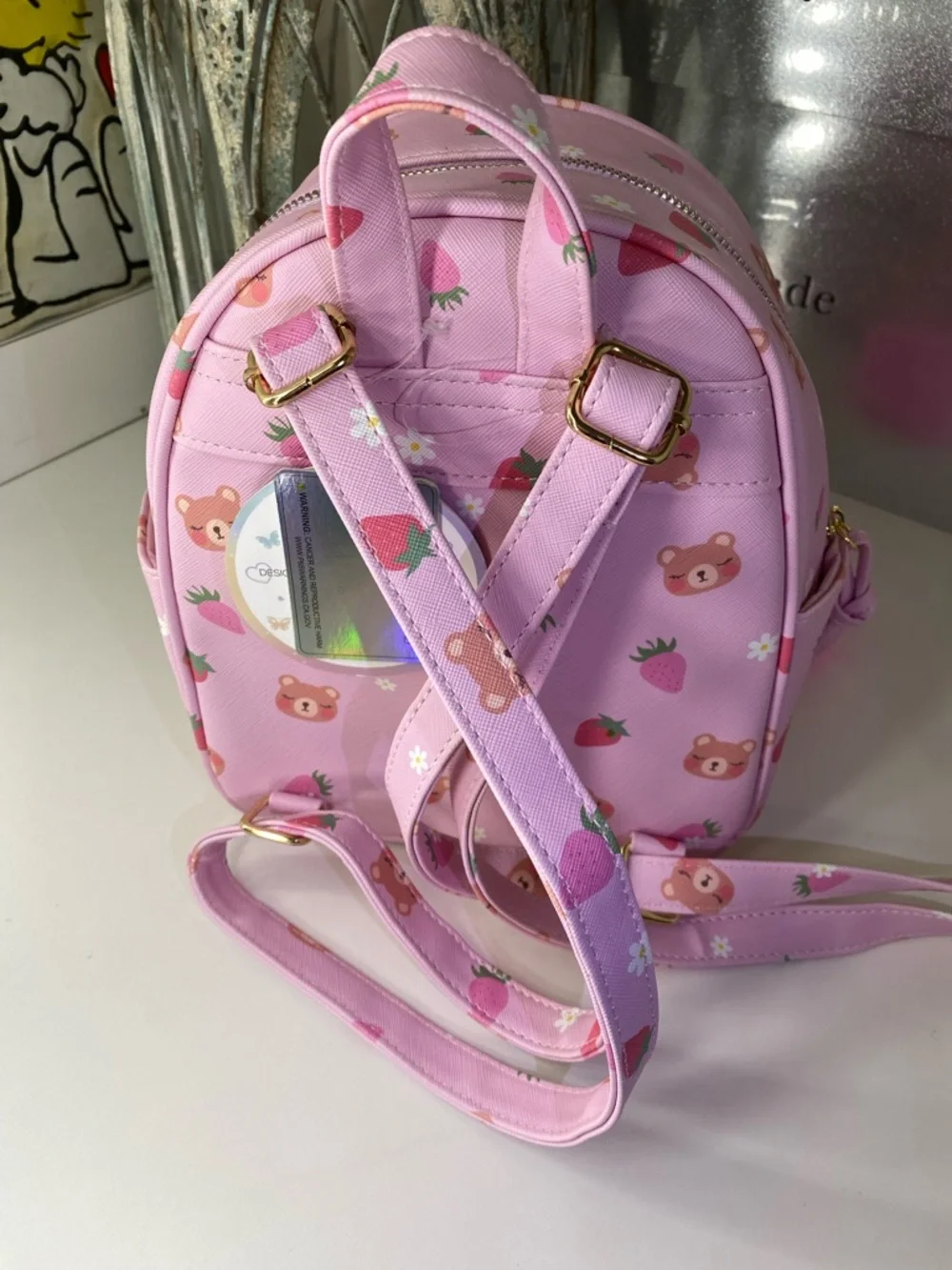 Under One Sky Pink Bear & Strawberry Mini Backpack with Pink Pom Charm EUC